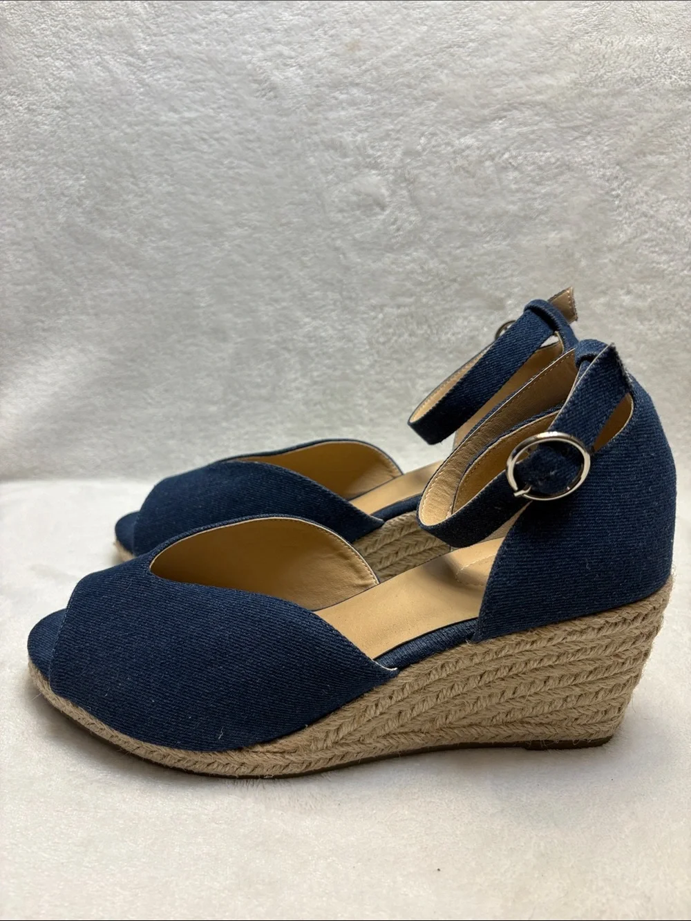 C Comfort Denim Blue Women’s Ankle-Strap Espadrille Wedges Sz: 9M